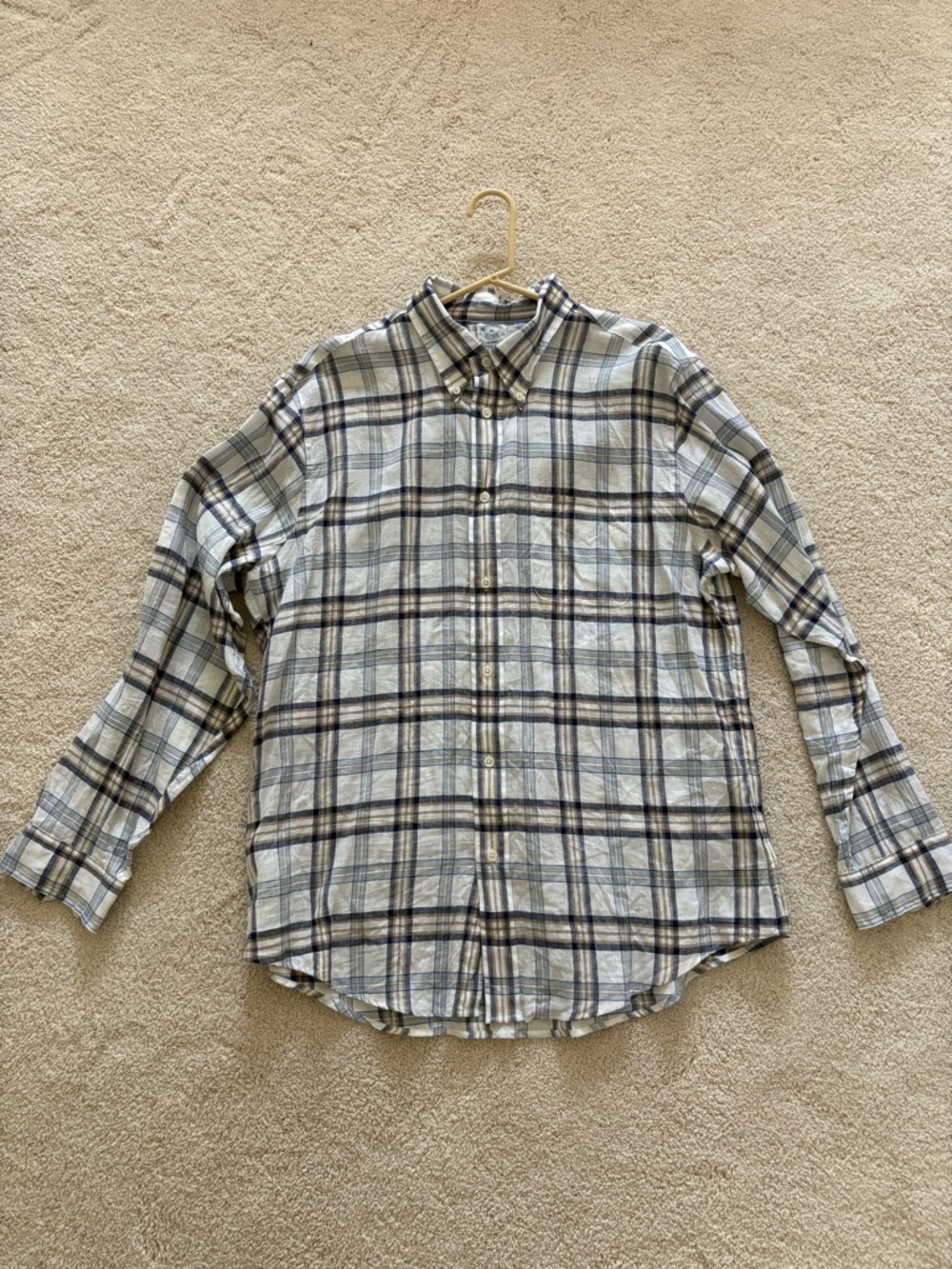 Brooks Brothers Beige and Navy Plaid Button-Down Shirt XL